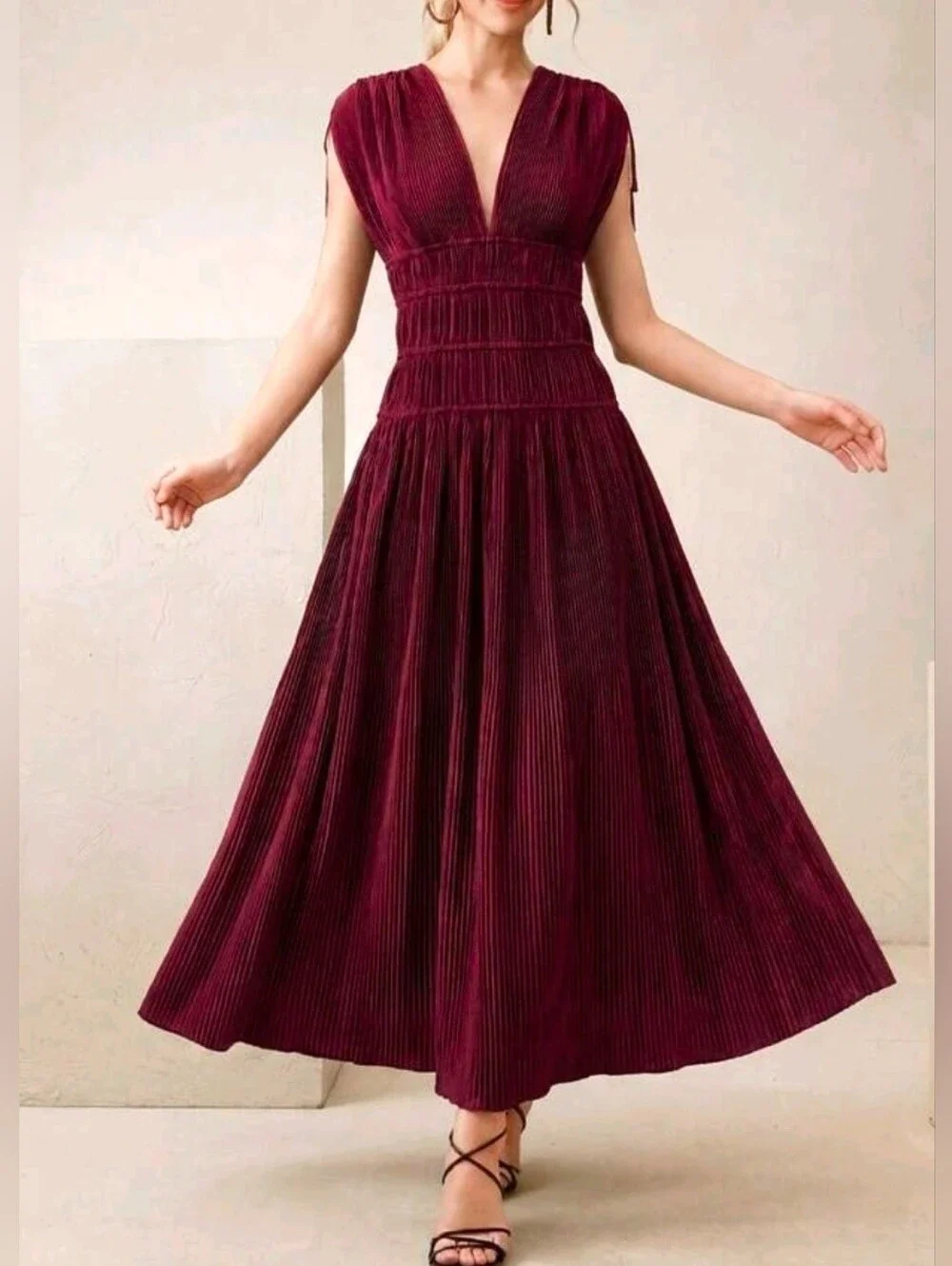 New Luxe Tie Shoulder Pleated Maxi Dress Sleeveless Burgundy Red